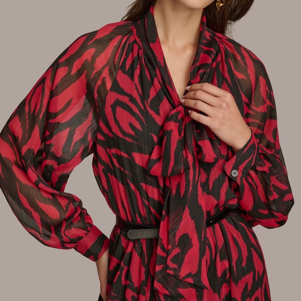 Donna Karan Women’s Chiffon Shirt Midi Red Multi Print Dress Size 12 NWT - Picture 5 of 10